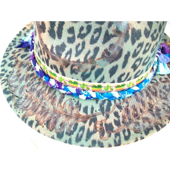 Leopard Print with Macaw and Pheasant Feathers Fedora Womens Western Hat Custom - Picture 3 of 7